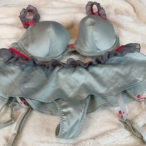 Vintage Victoria's Secret Satin Bra and Skirted Garter Thong Set